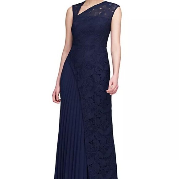 Kay Unger Midnight Blue Dianna Lace Pleated Gown